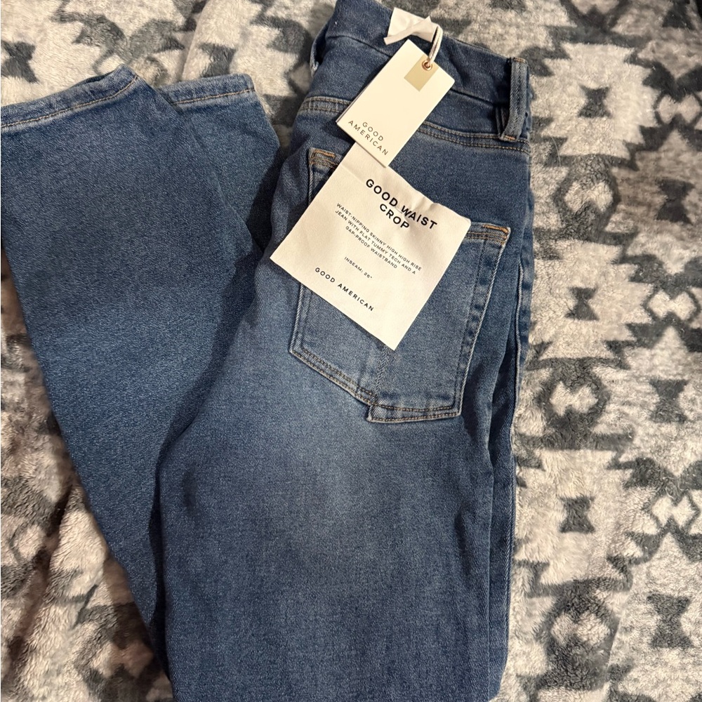Good American Medium Blue High-Rise Crop Jeans